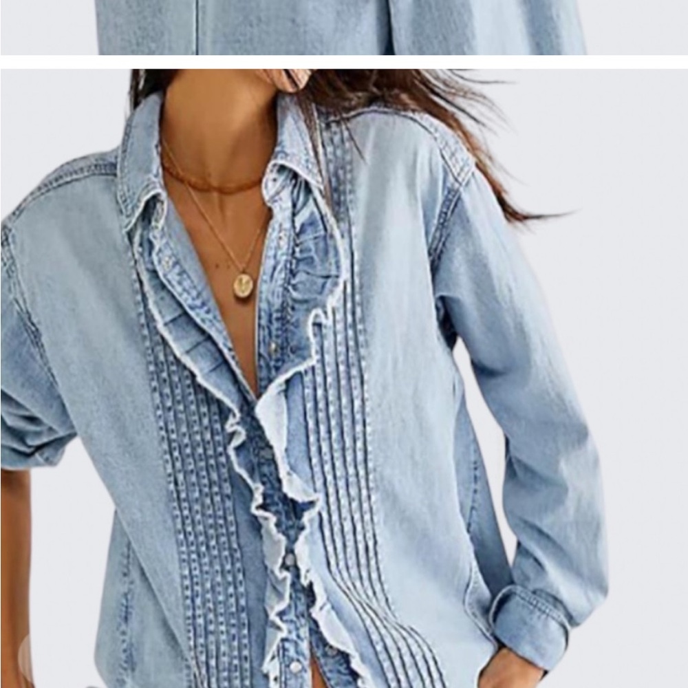 NWT-BOHO TUXEDO RUFFLED BUTTON  DOWN DENIUM SHIRT. - Picture 4 of 7
